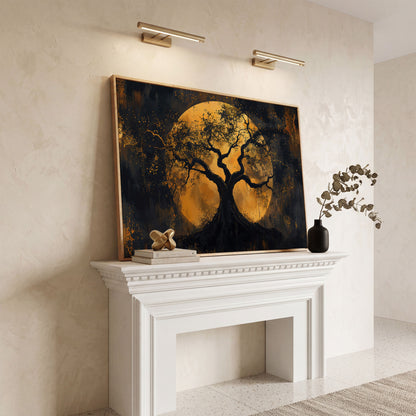 Moon Tree Canvas Art: Silhouetted Branches on a Full Moon in white oak floating frame