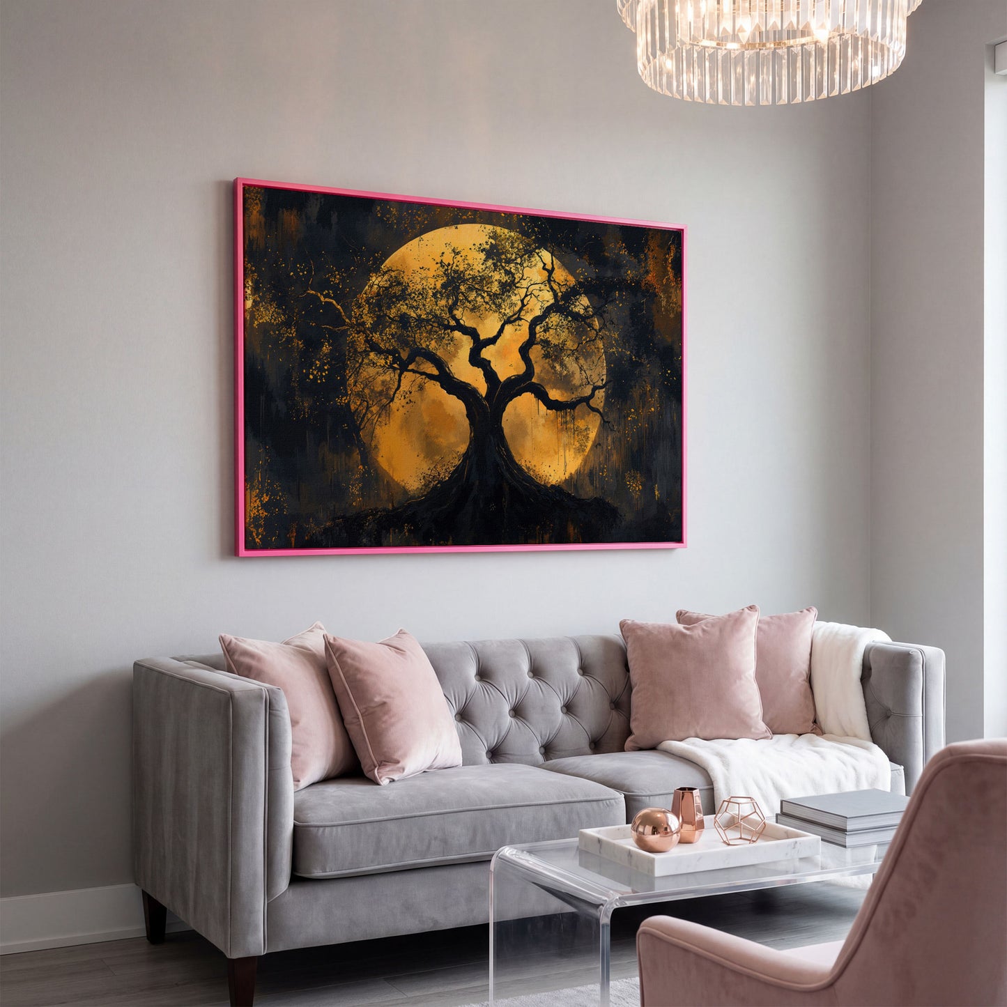 Moon Tree Canvas Art: Silhouetted Branches on a Full Moon in pink floating frame