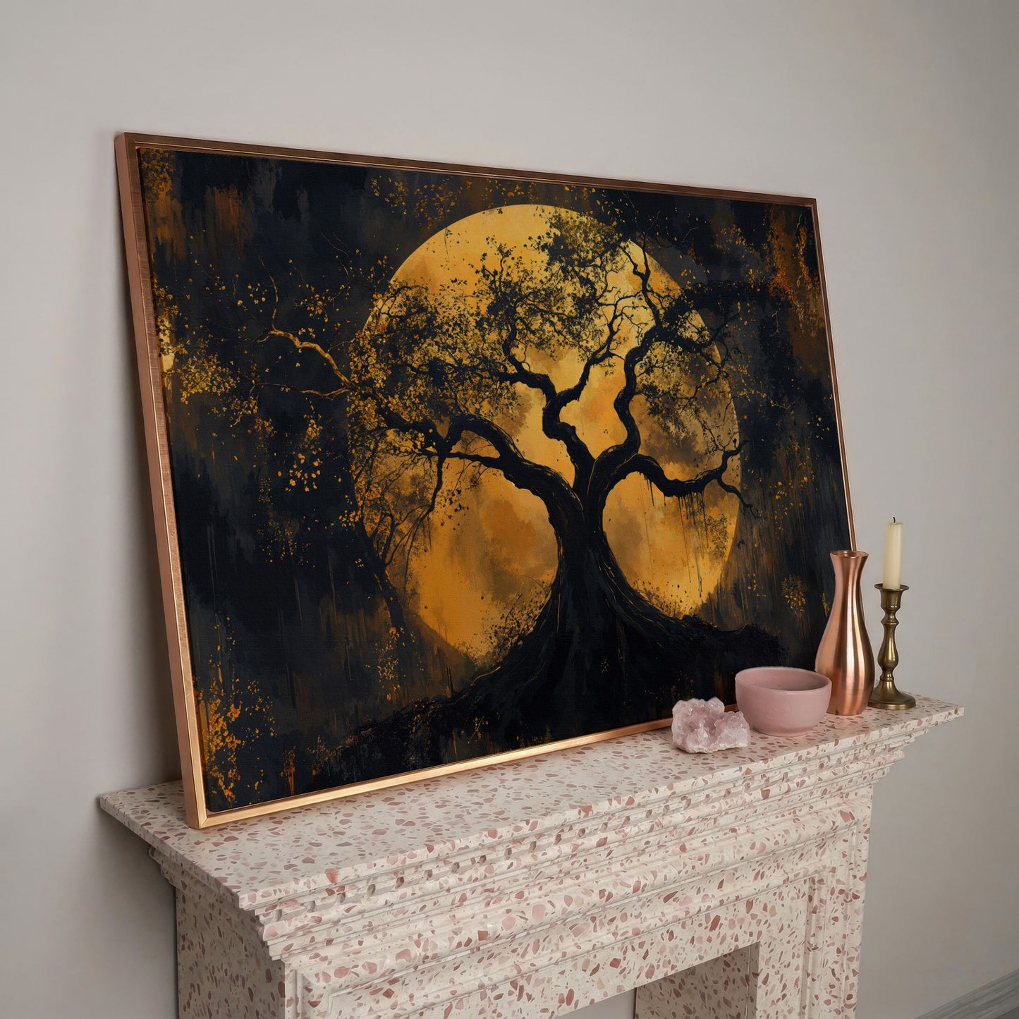 Moon Tree Canvas Art: Silhouetted Branches on a Full Moon in rose gold floating frame