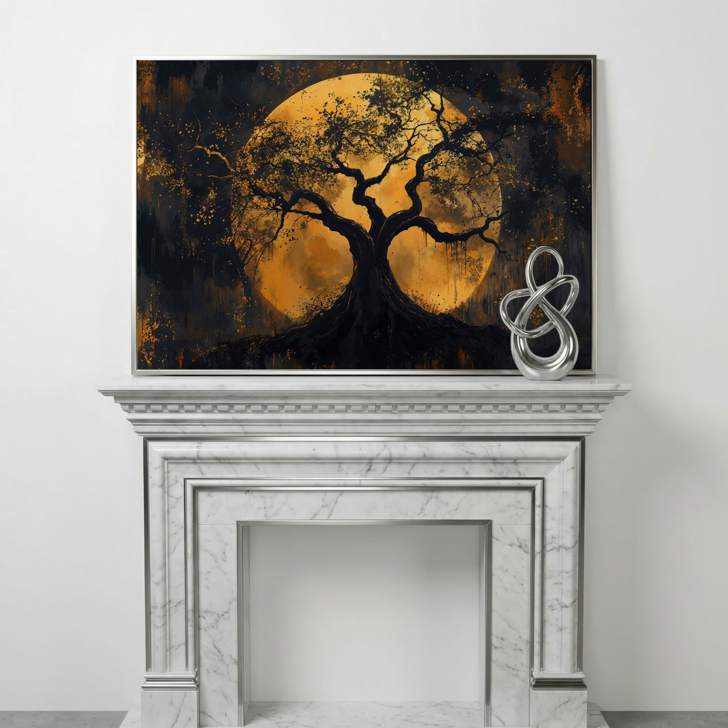 Moon Tree Canvas Art: Silhouetted Branches on a Full Moon in silver floating frame