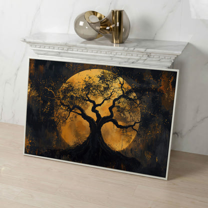 Moon Tree Canvas Art: Silhouetted Branches on a Full Moon in white floating frame