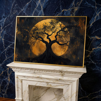 Moon Tree Canvas Art: Silhouetted Branches on a Full Moon in yellow gold floating frame