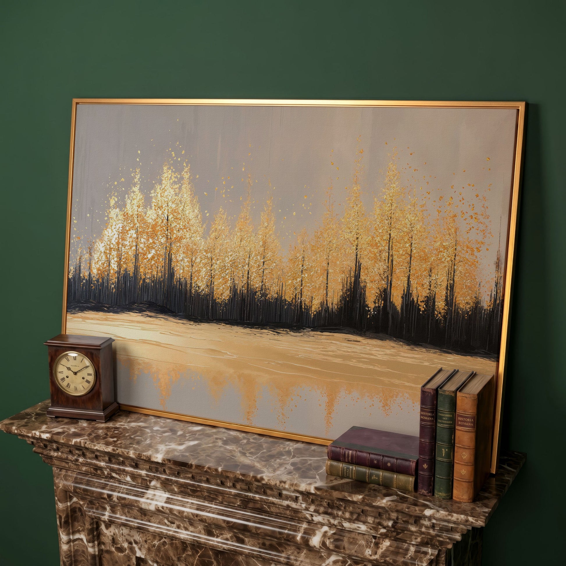 Golden Autumn Forest with Water Reflection Canvas Wall Art in antique gold floating frame