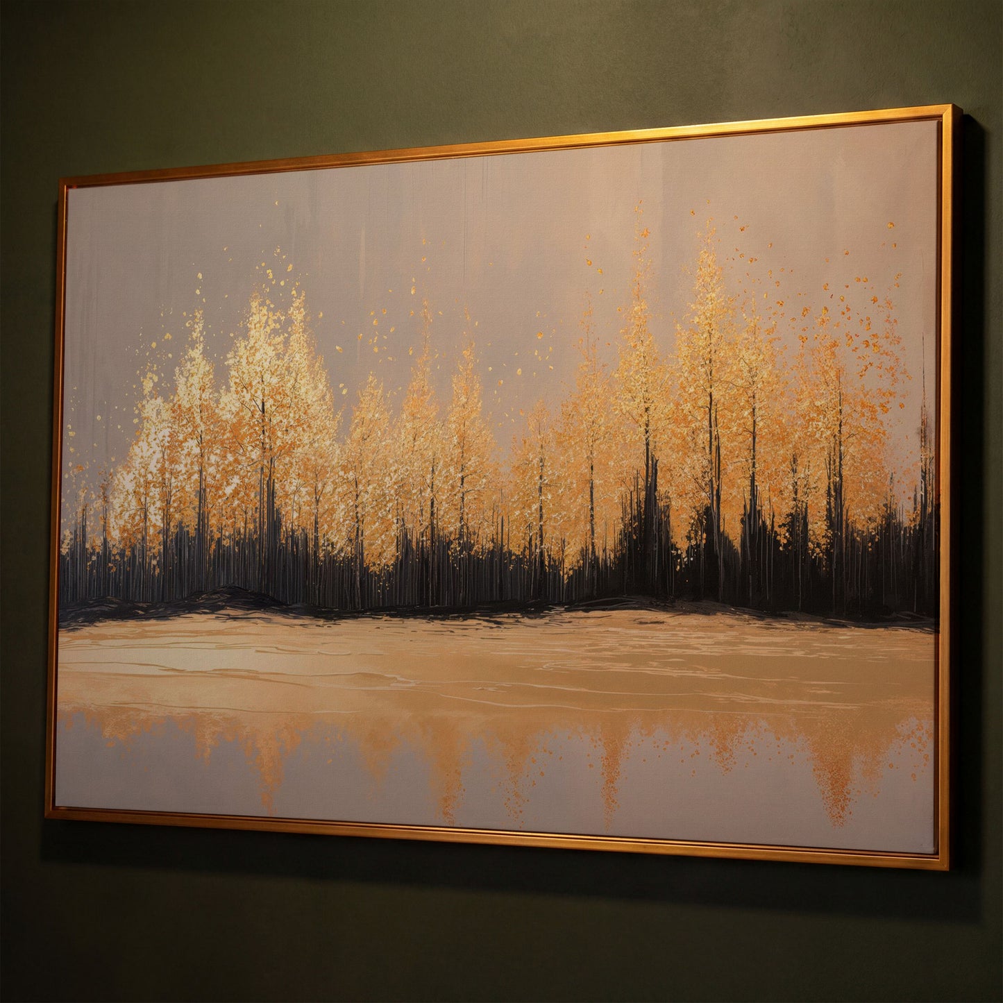 Golden Autumn Forest with Water Reflection Canvas Wall Art shown in antique gold floating frame