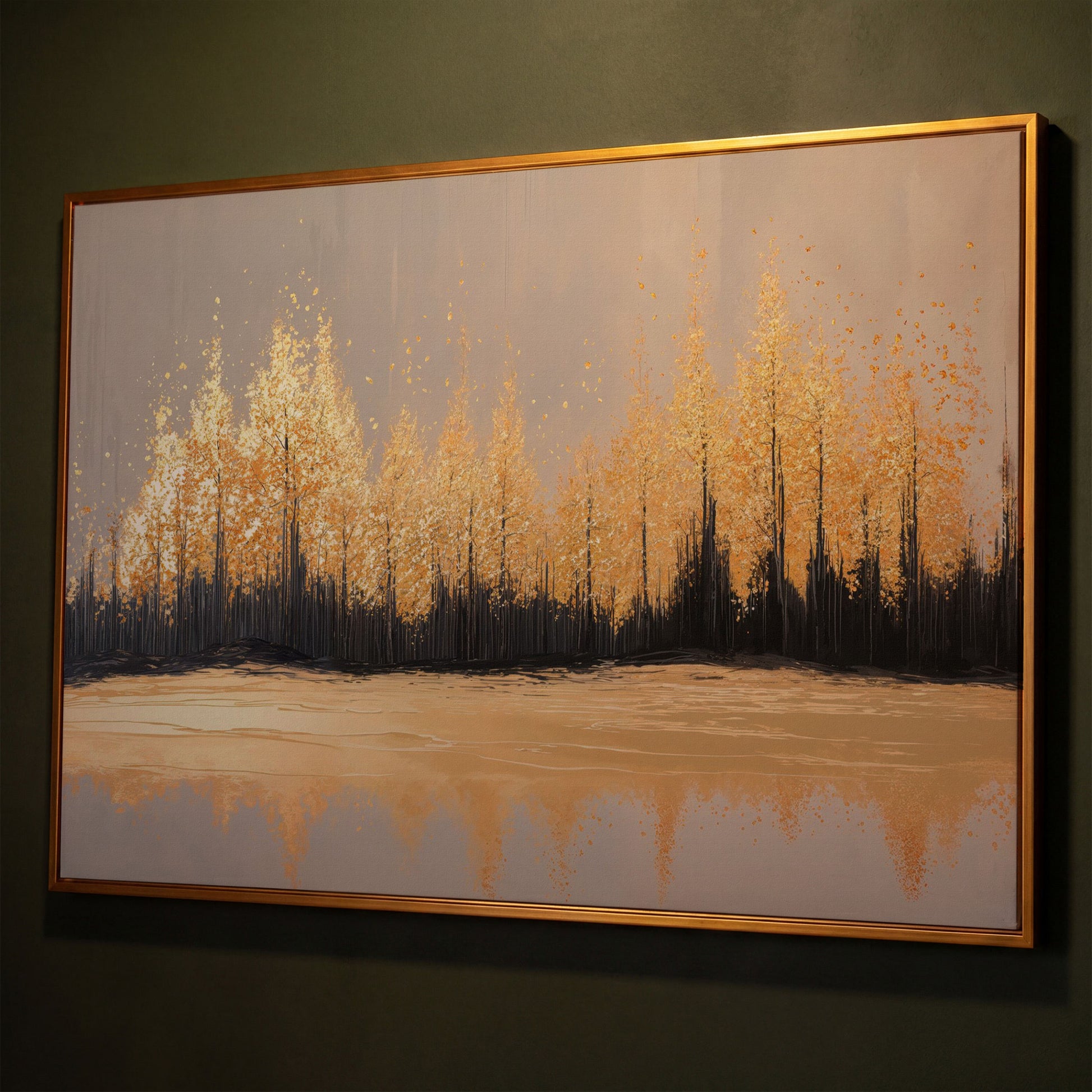 Golden Autumn Forest with Water Reflection Canvas Wall Art shown in antique gold floating frame