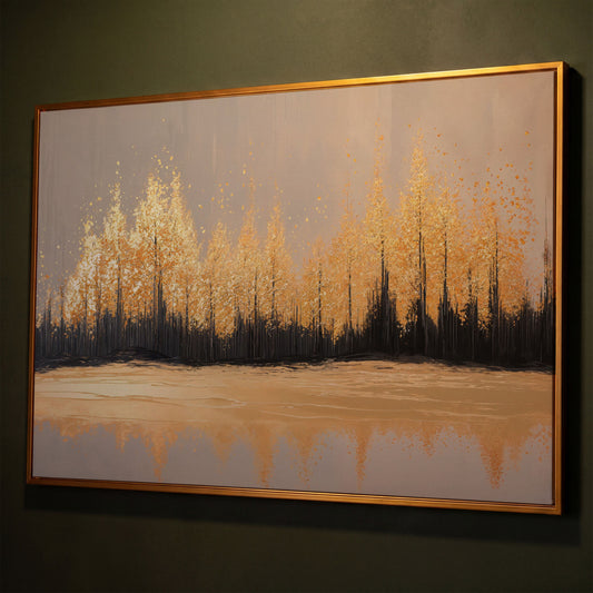 Golden Autumn Forest with Water Reflection Canvas Wall Art shown in antique gold floating frame