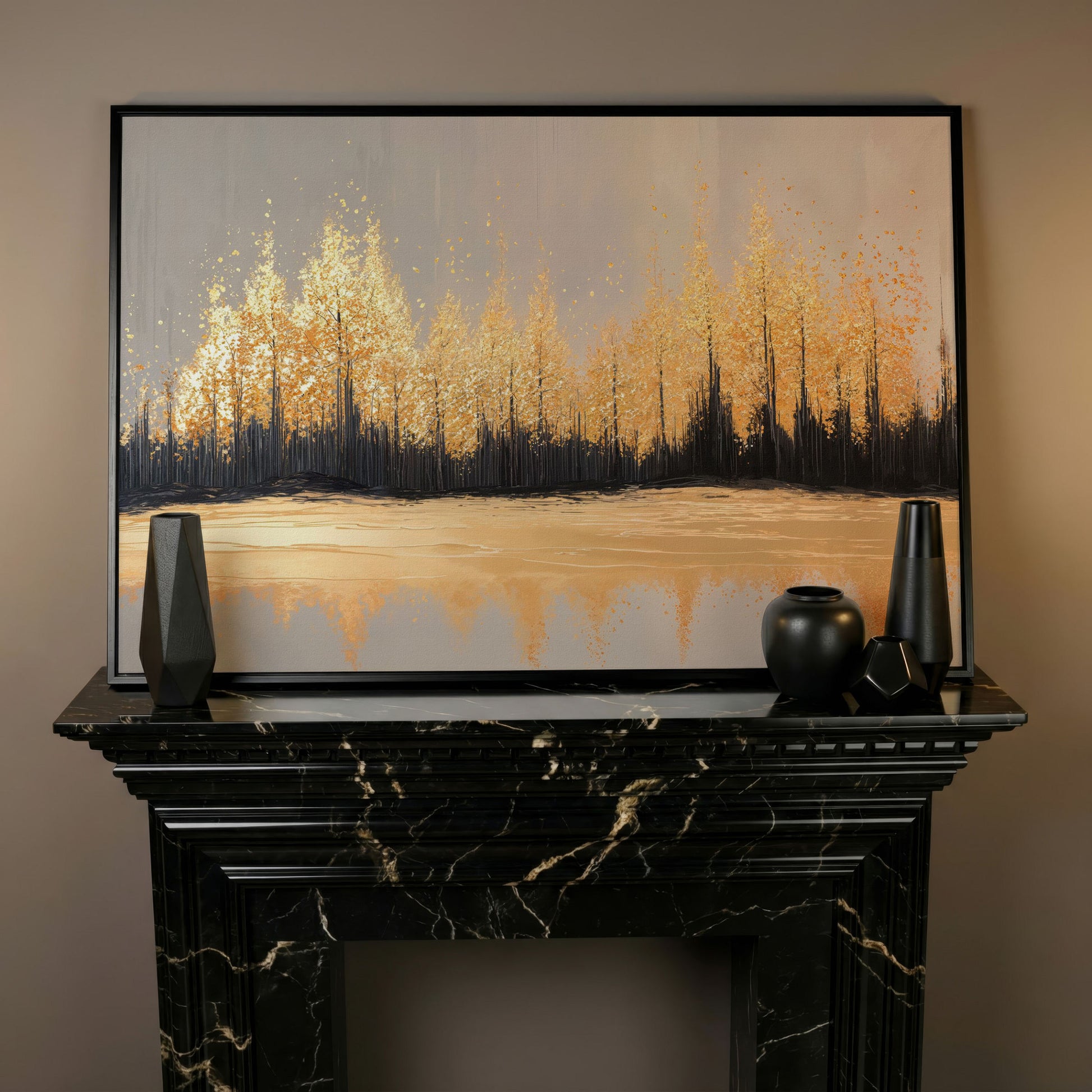 Golden Autumn Forest with Water Reflection Canvas Wall Art in black floating frame