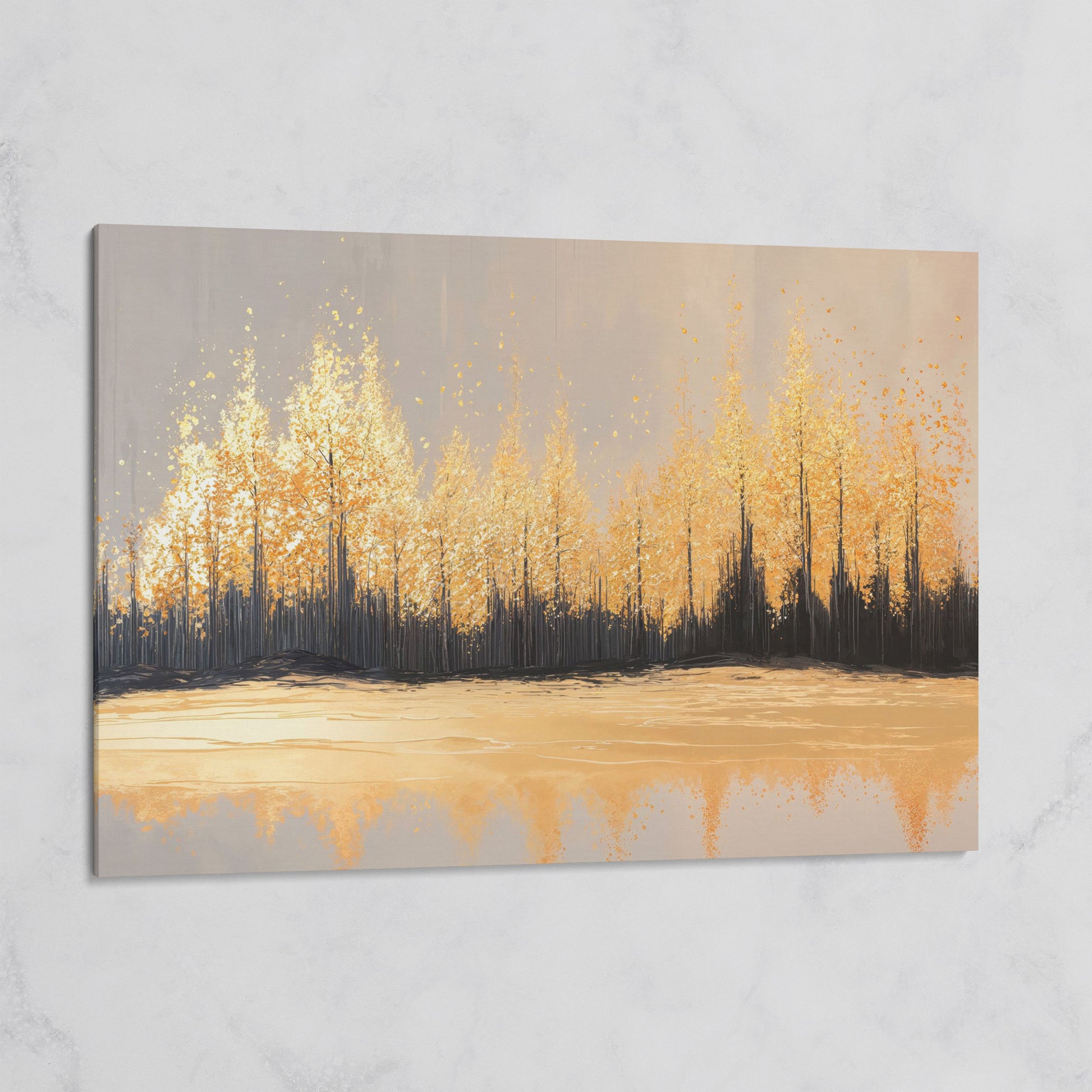 Golden Autumn Forest with Water Reflection Canvas Wall Art on gallery wrap