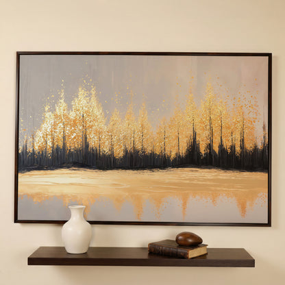Golden Autumn Forest with Water Reflection Canvas Wall Art in dark walnut floating frame