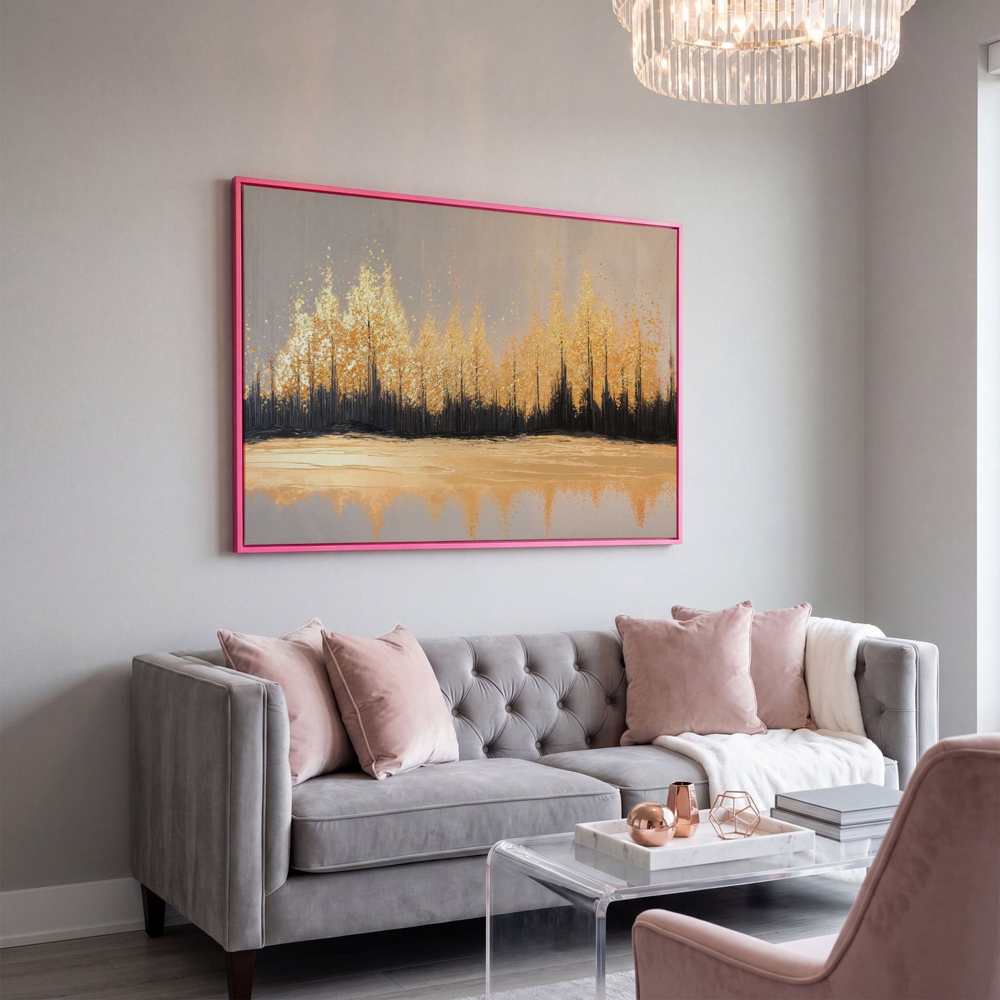 Golden Autumn Forest with Water Reflection Canvas Wall Art in pink floating frame