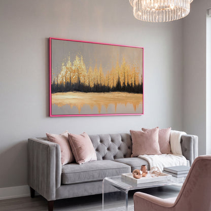Golden Autumn Forest with Water Reflection Canvas Wall Art in pink floating frame