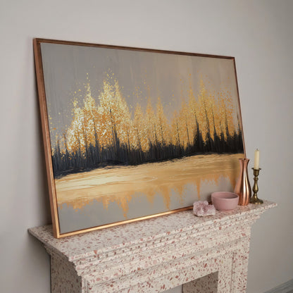 Golden Autumn Forest with Water Reflection Canvas Wall Art in rose gold floating frame