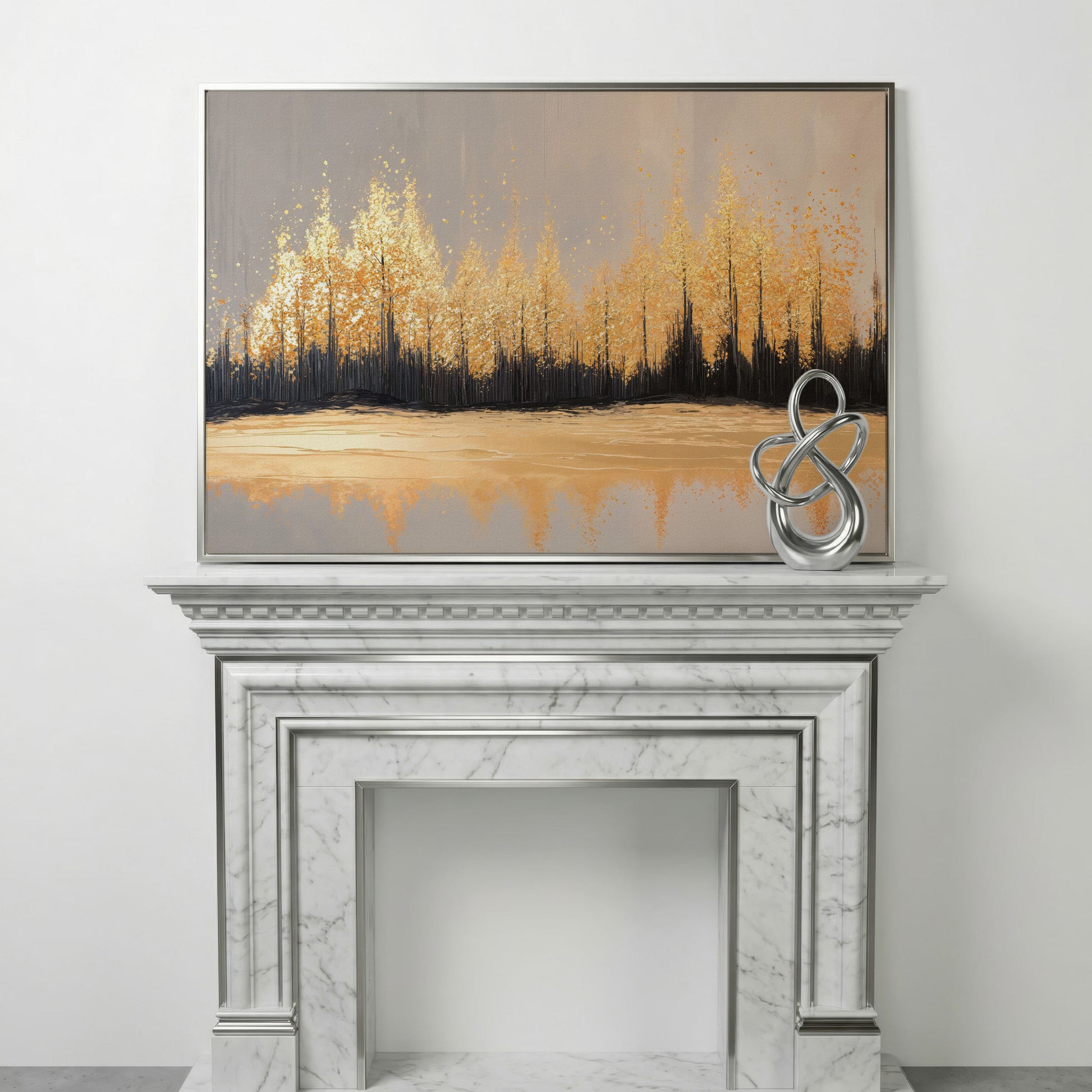 Golden Autumn Forest with Water Reflection Canvas Wall Art in silver floating frame
