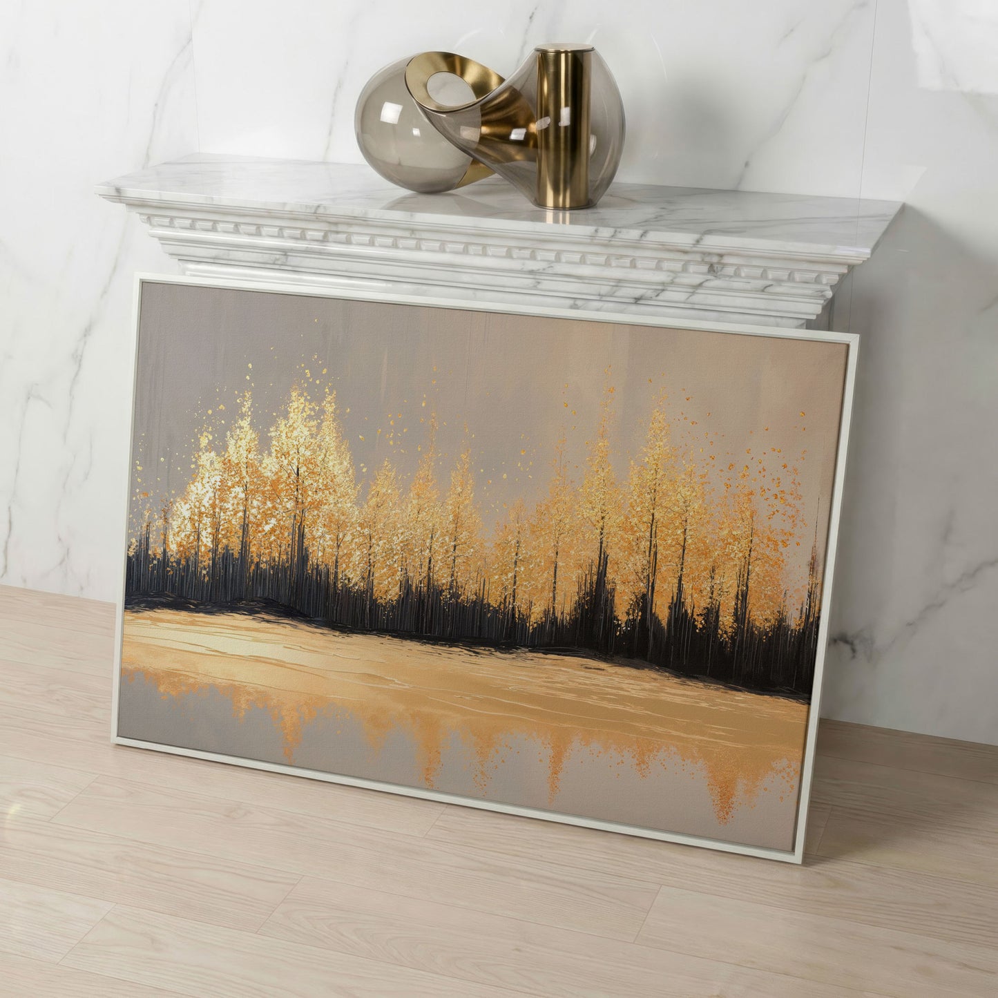 Golden Autumn Forest with Water Reflection Canvas Wall Art in white floating frame