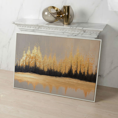 Golden Autumn Forest with Water Reflection Canvas Wall Art in white floating frame