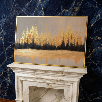 Golden Autumn Forest with Water Reflection Canvas Wall Art in yellow gold floating frame