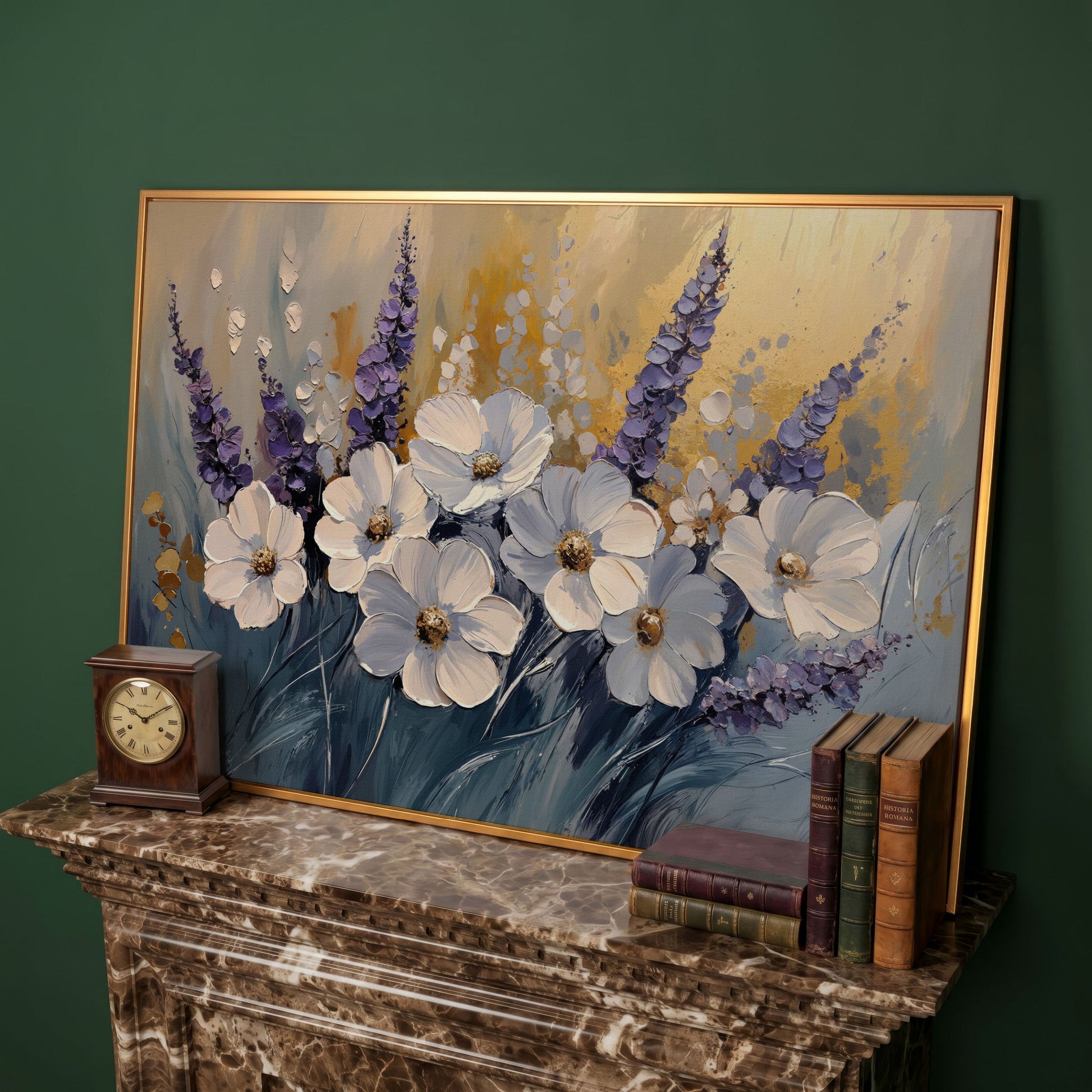 Abstract White and Purple Flowers Canvas in antique gold floating frame