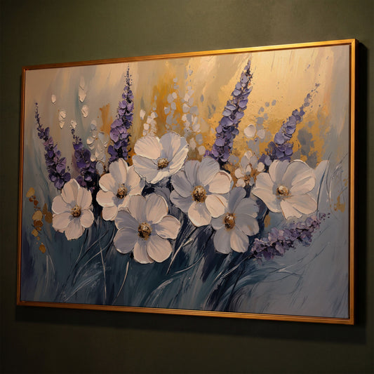 Abstract White and Purple Flowers Canvas shown in antique gold floating frame