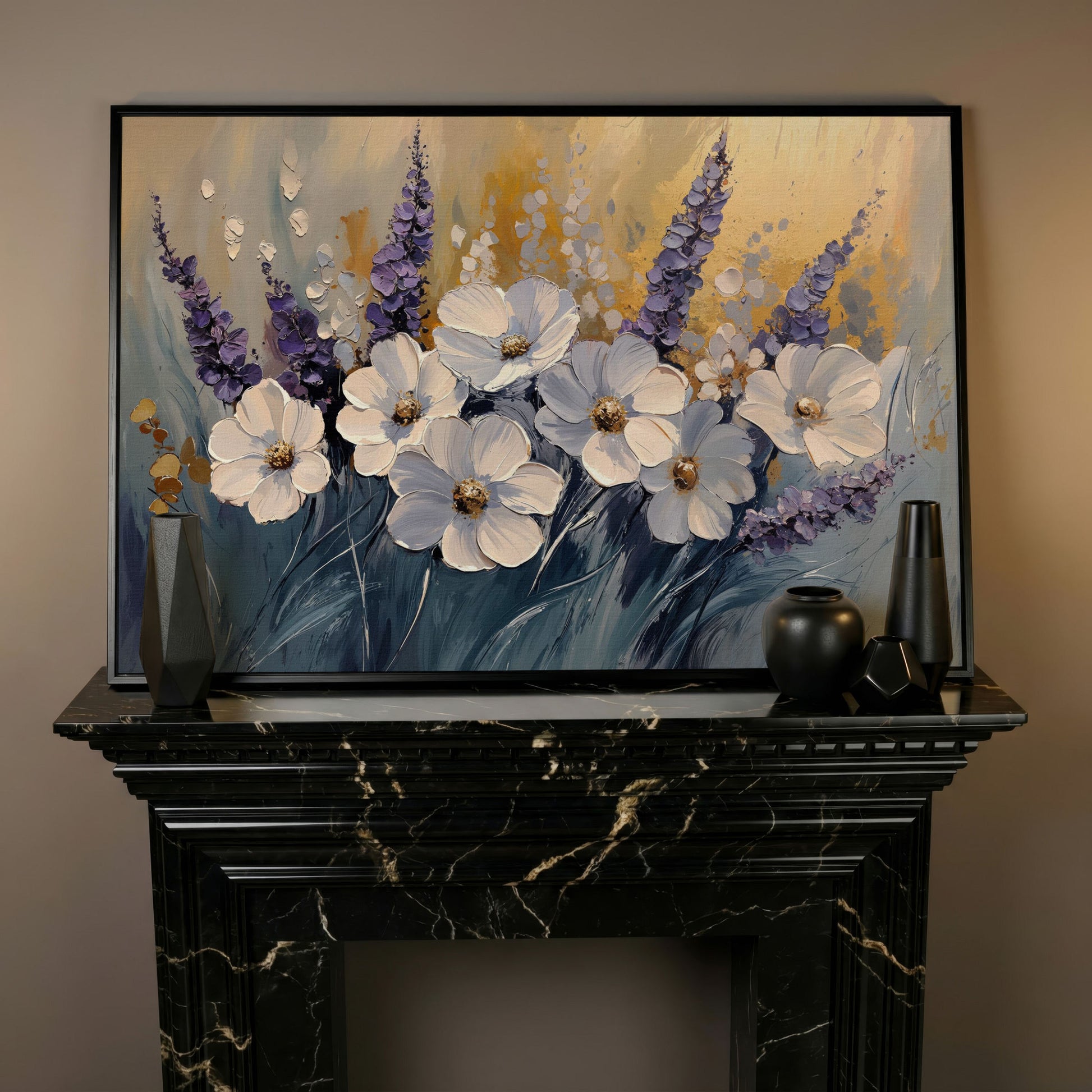 Abstract White and Purple Flowers Canvas in black floating frame