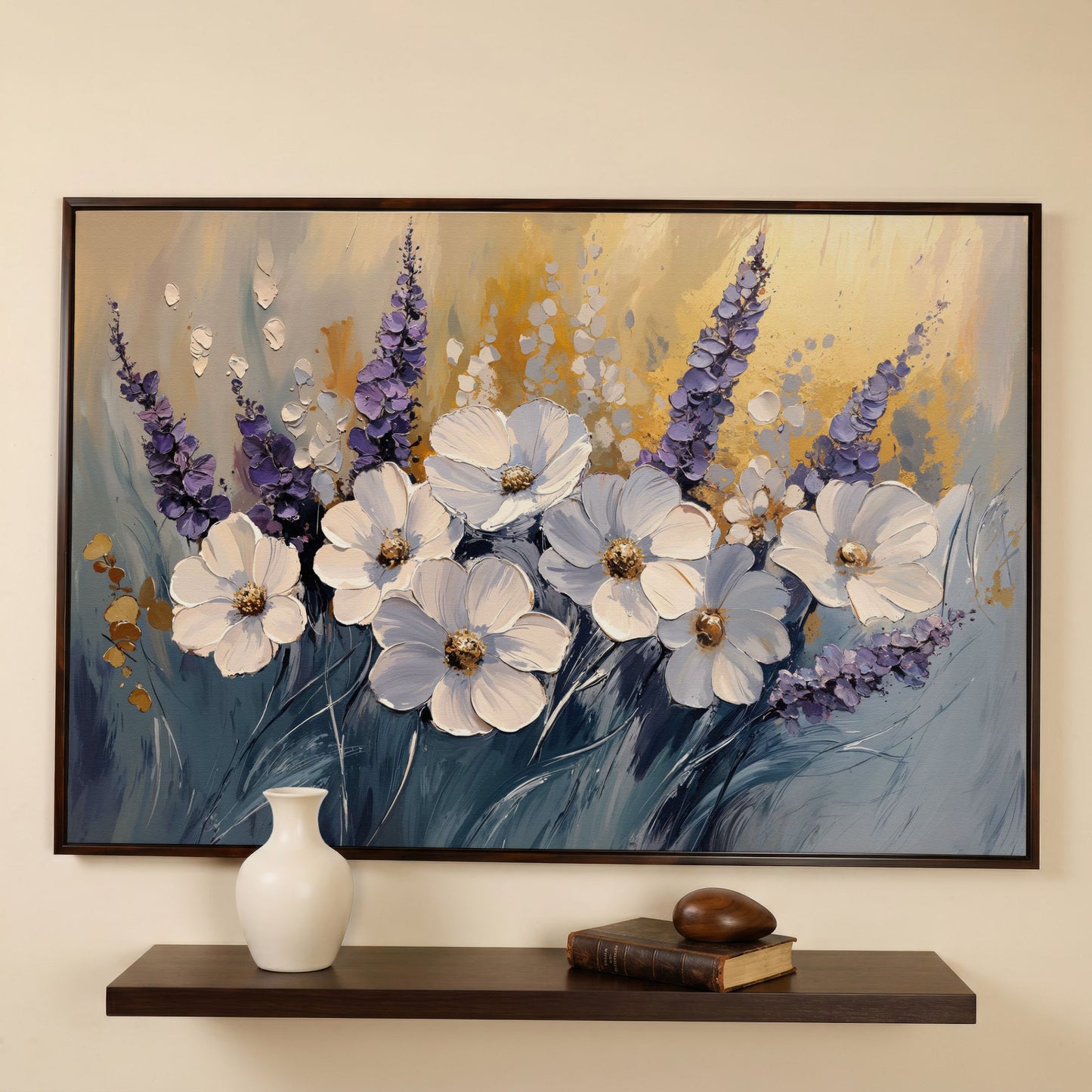 Abstract White and Purple Flowers Canvas in dark walnut floating frame