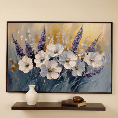Abstract White and Purple Flowers Canvas in dark walnut floating frame