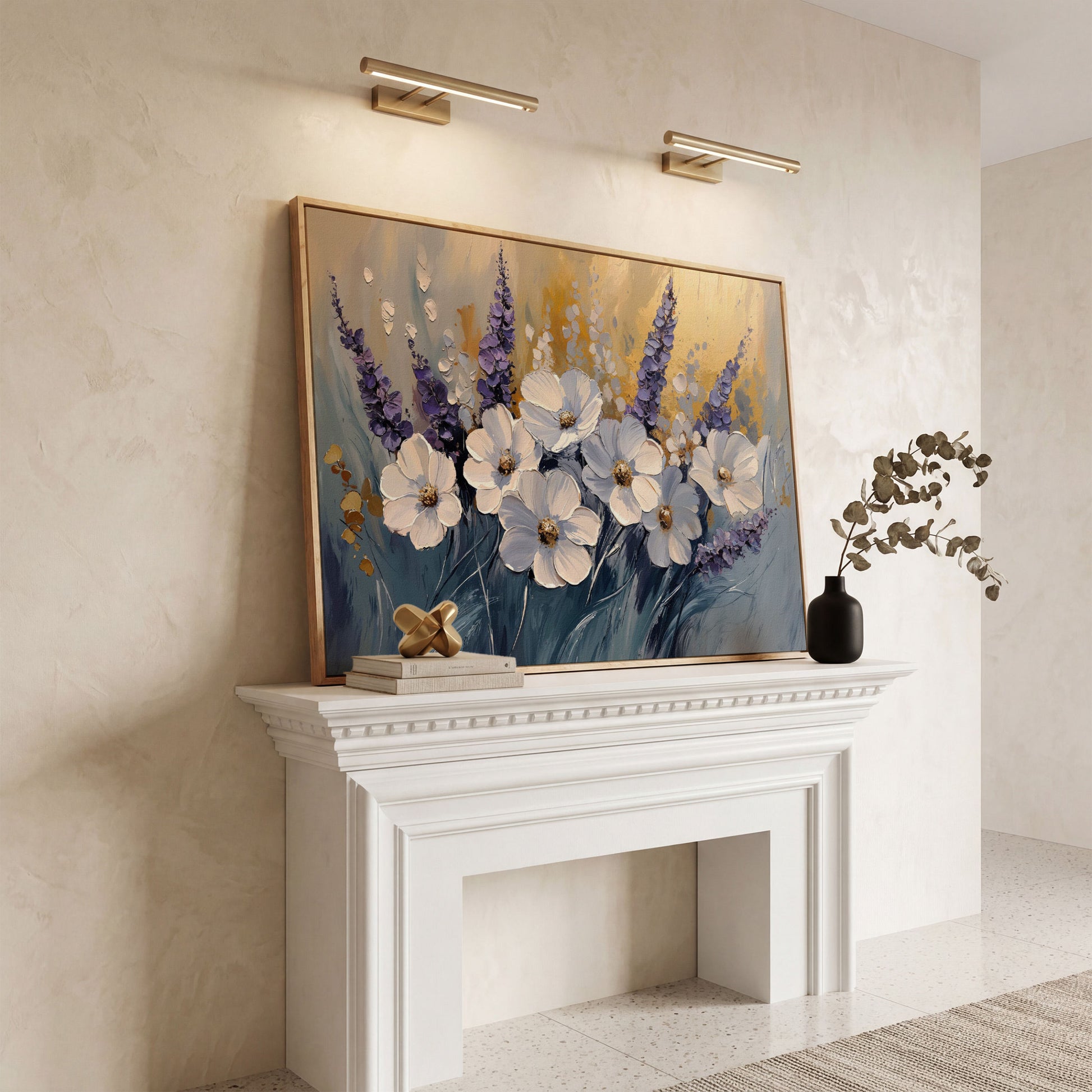 Abstract White and Purple Flowers Canvas in white oak floating frame