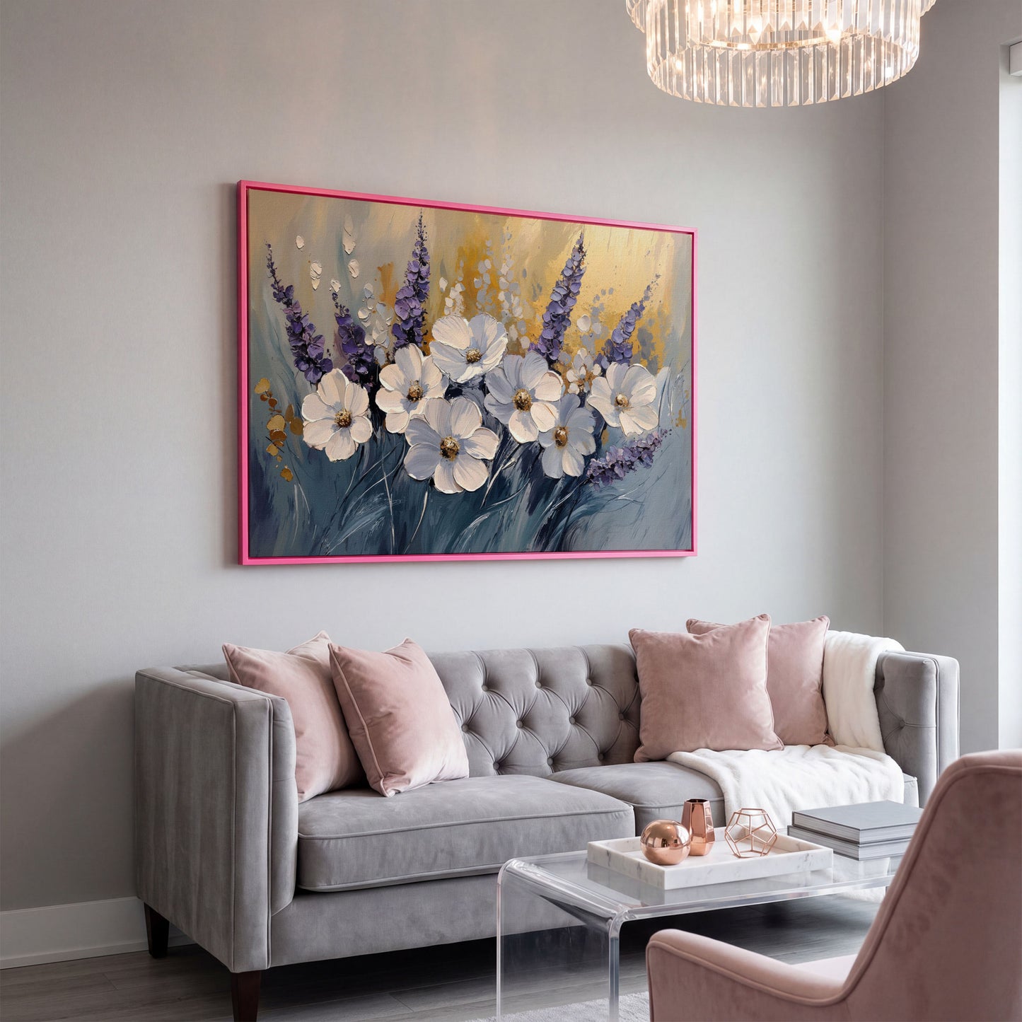 Abstract White and Purple Flowers Canvas in pink floating frame