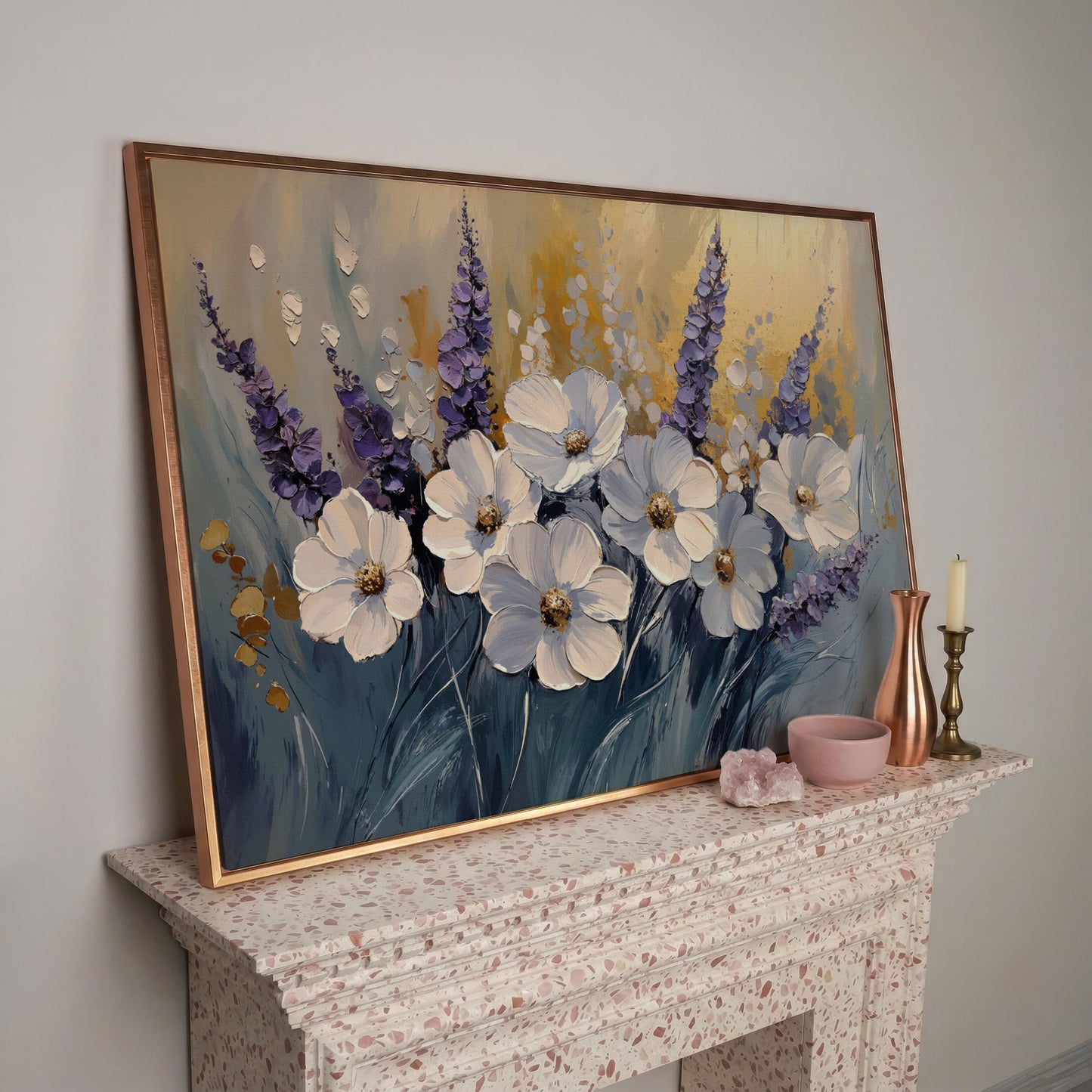 Abstract White and Purple Flowers Canvas in rose gold floating frame