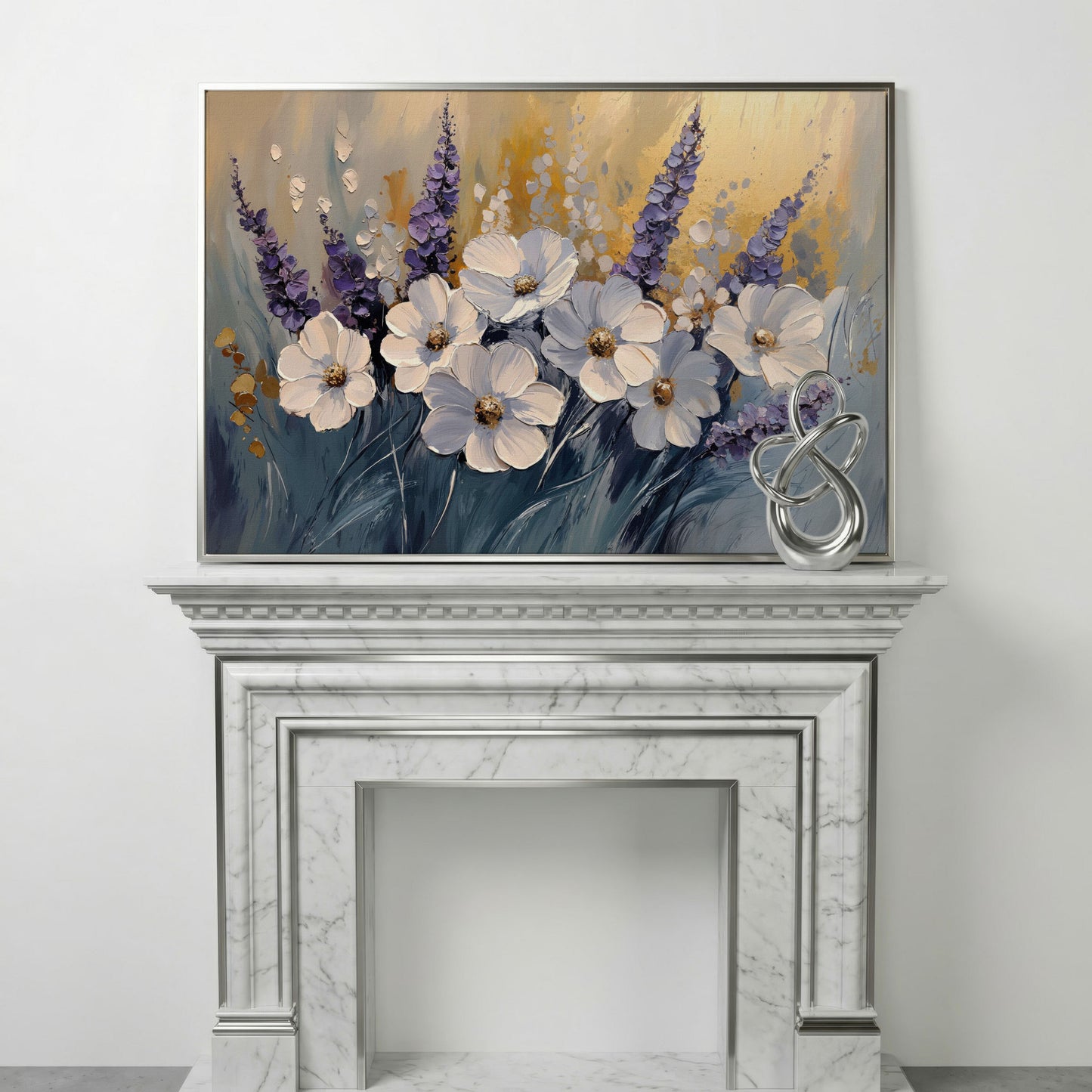 Abstract White and Purple Flowers Canvas in silver floating frame