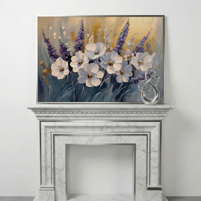 Abstract White and Purple Flowers Canvas in silver floating frame