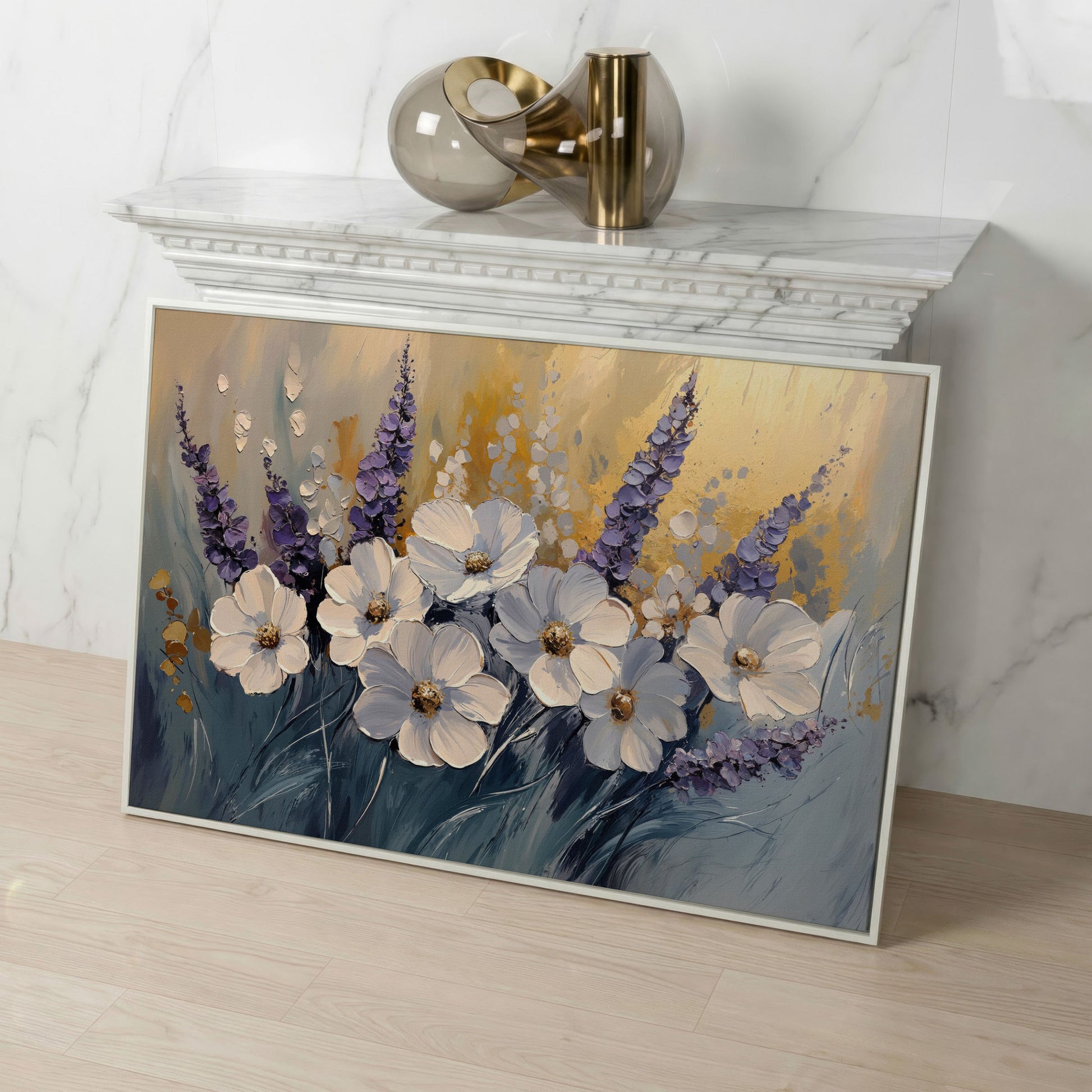 Abstract White and Purple Flowers Canvas in white floating frame