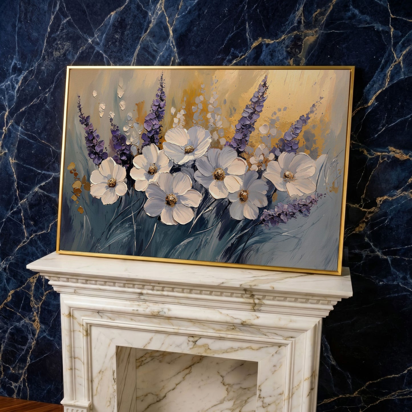 Abstract White and Purple Flowers Canvas in yellow gold floating frame