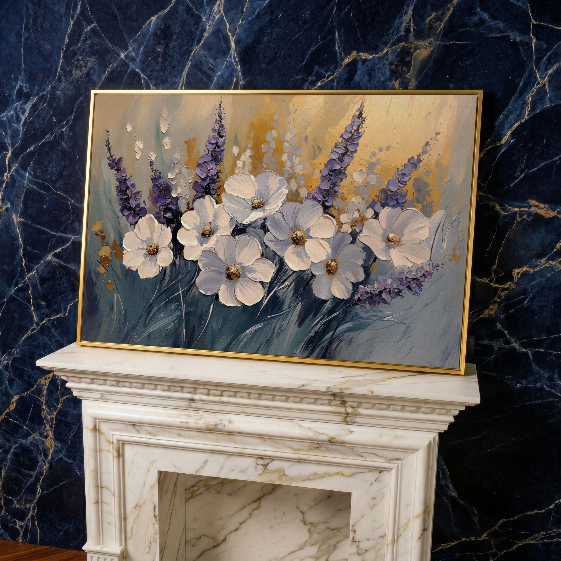 Abstract White and Purple Flowers Canvas in yellow gold floating frame