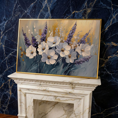 Abstract White and Purple Flowers Canvas in yellow gold floating frame