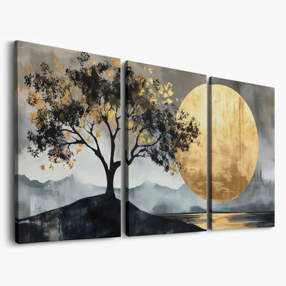 Golden Moon and Tree Panoramic Canvas as 3-panel split version