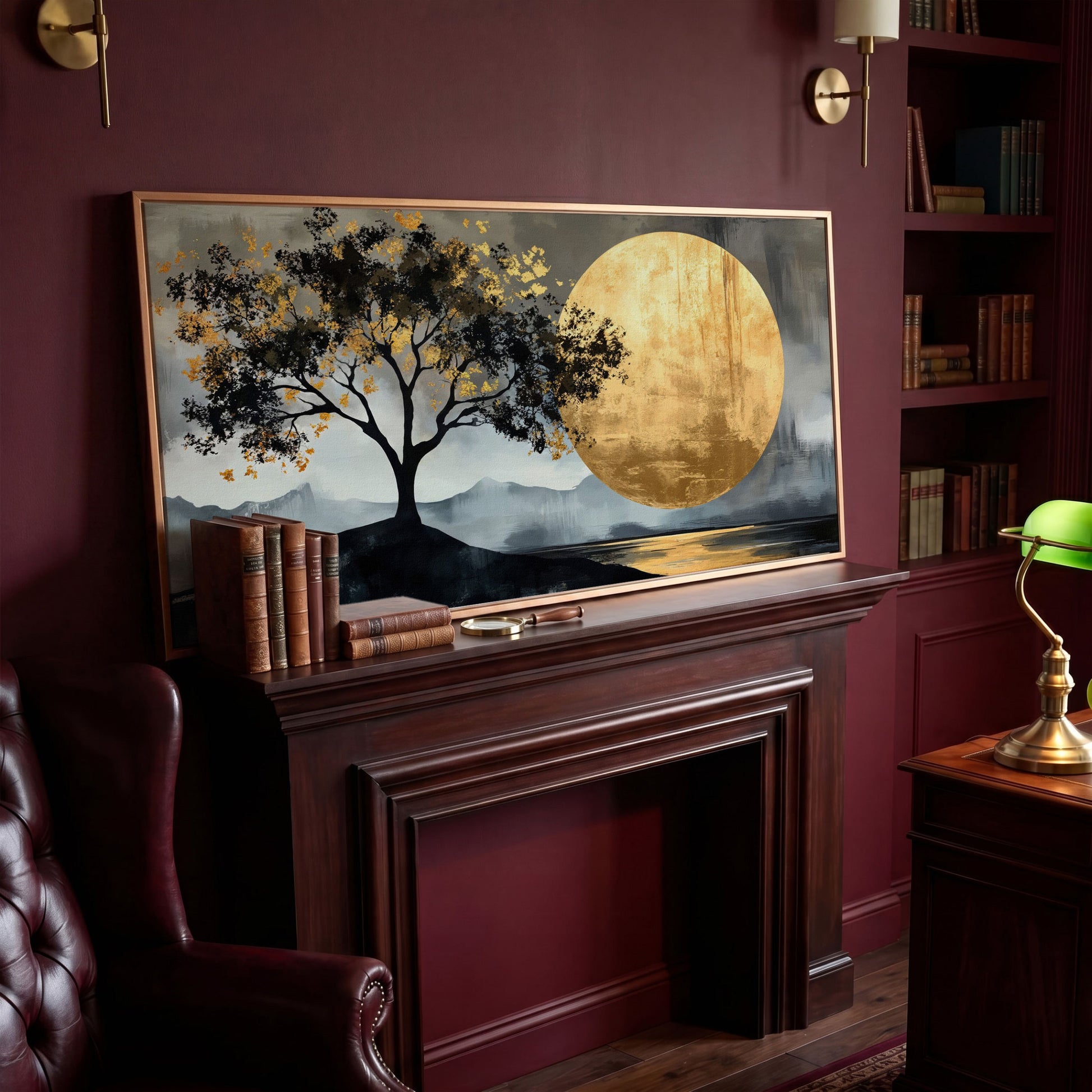 Golden Moon and Tree Panoramic Canvas in antique gold floating frame