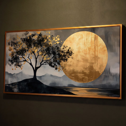 Golden Moon and Tree Panoramic Canvas shown in antique gold floating frame