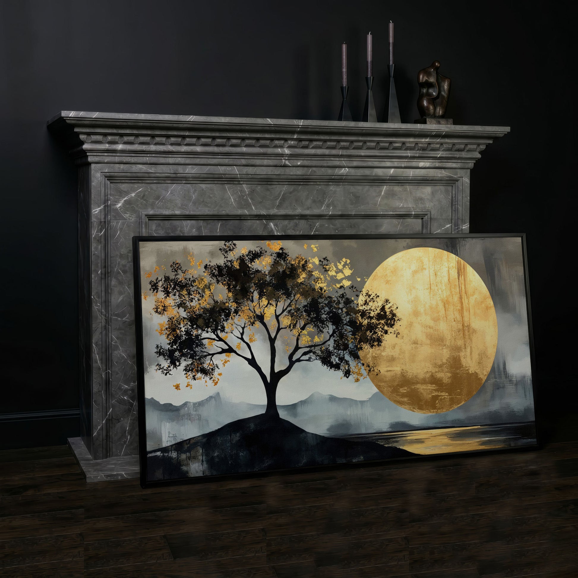 Golden Moon and Tree Panoramic Canvas in black floating frame