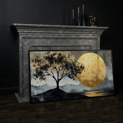 Golden Moon and Tree Panoramic Canvas in black floating frame