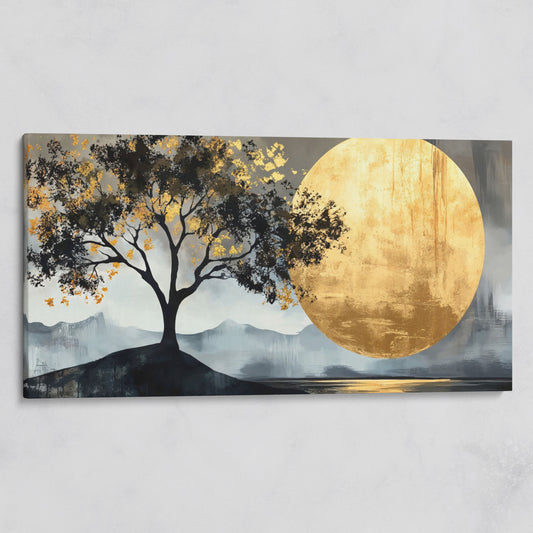 Golden Moon and Tree Panoramic Canvas on gallery wrap