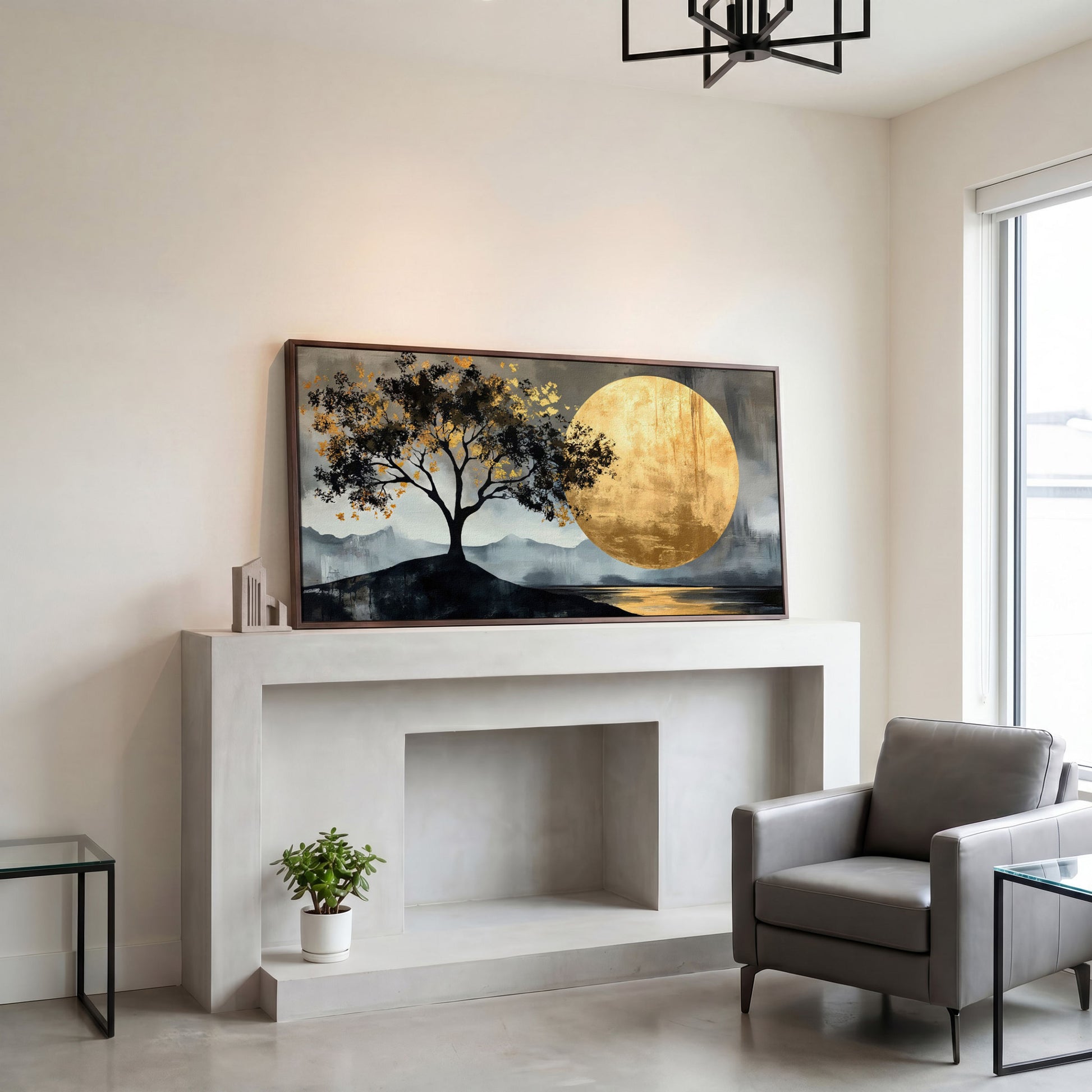 Golden Moon and Tree Panoramic Canvas in dark walnut floating frame