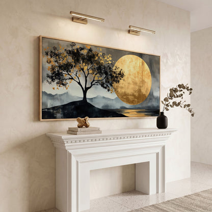 Golden Moon and Tree Panoramic Canvas in white oak floating frame