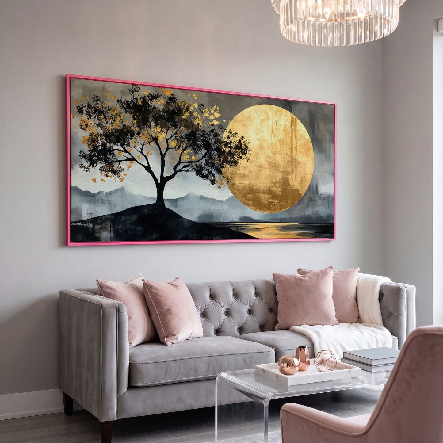 Golden Moon and Tree Panoramic Canvas in pink floating frame