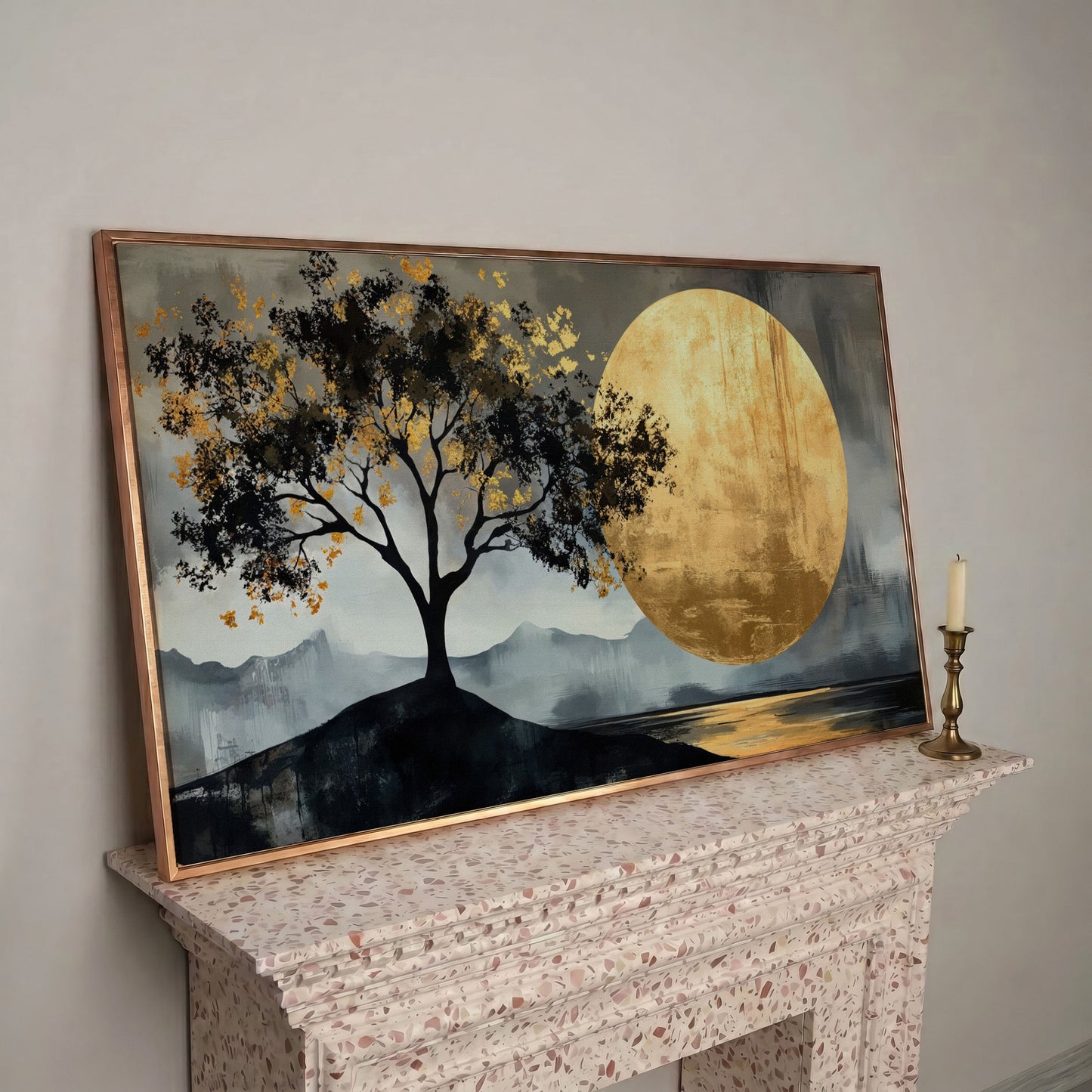 Golden Moon and Tree Panoramic Canvas in rose gold floating frame