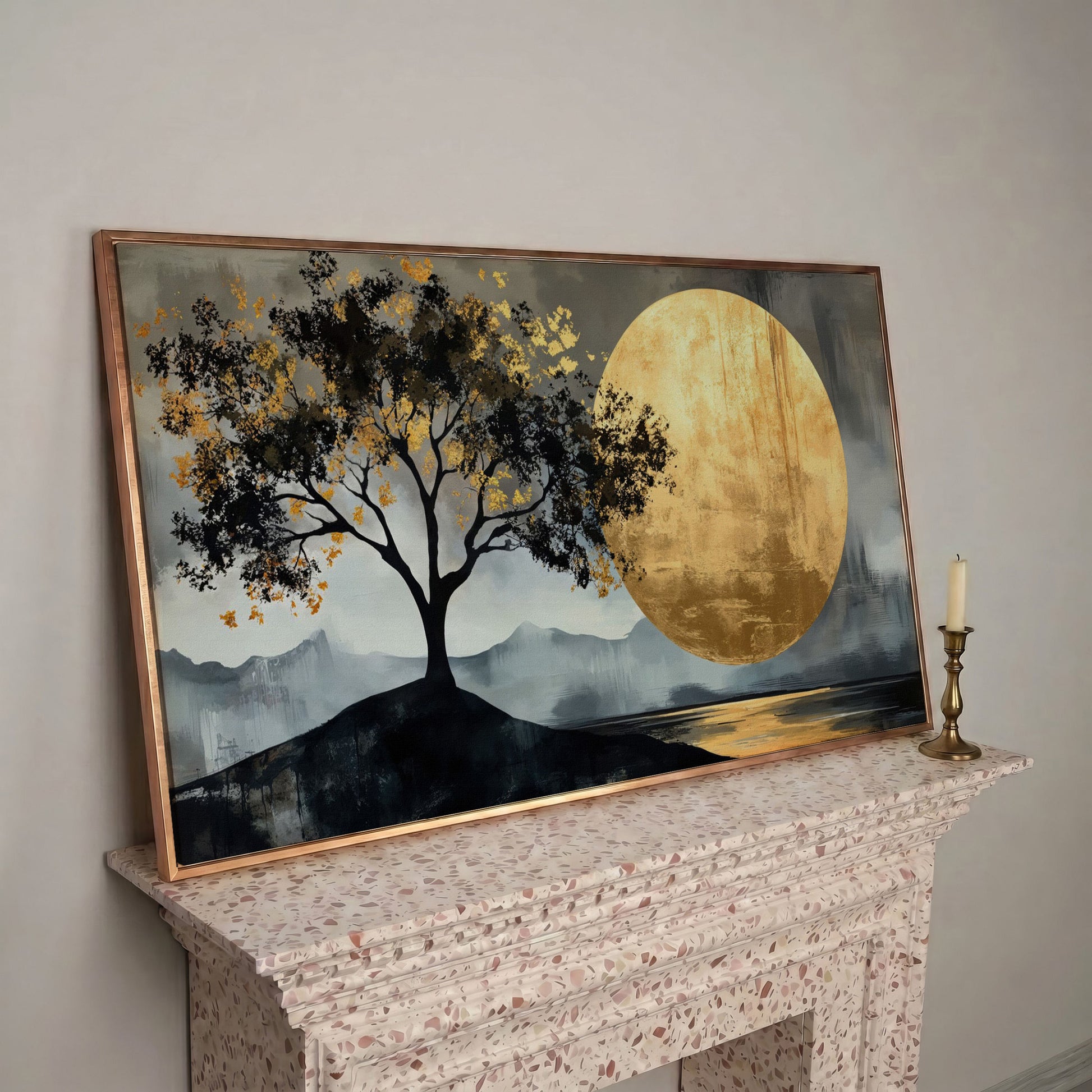 Golden Moon and Tree Panoramic Canvas in rose gold floating frame