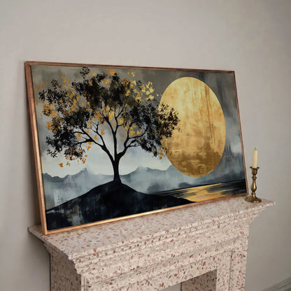 Golden Moon and Tree Panoramic Canvas in rose gold floating frame