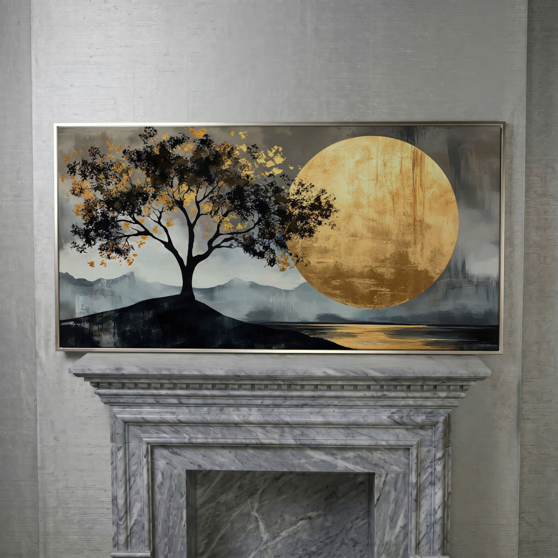 Golden Moon and Tree Panoramic Canvas in silver floating frame