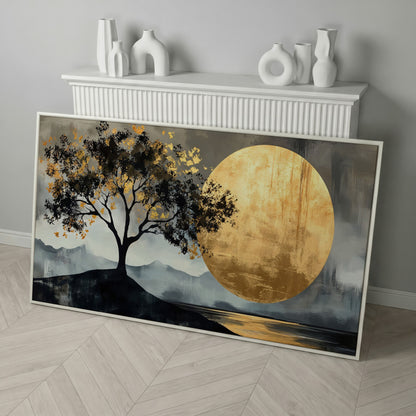 Golden Moon and Tree Panoramic Canvas in white floating frame