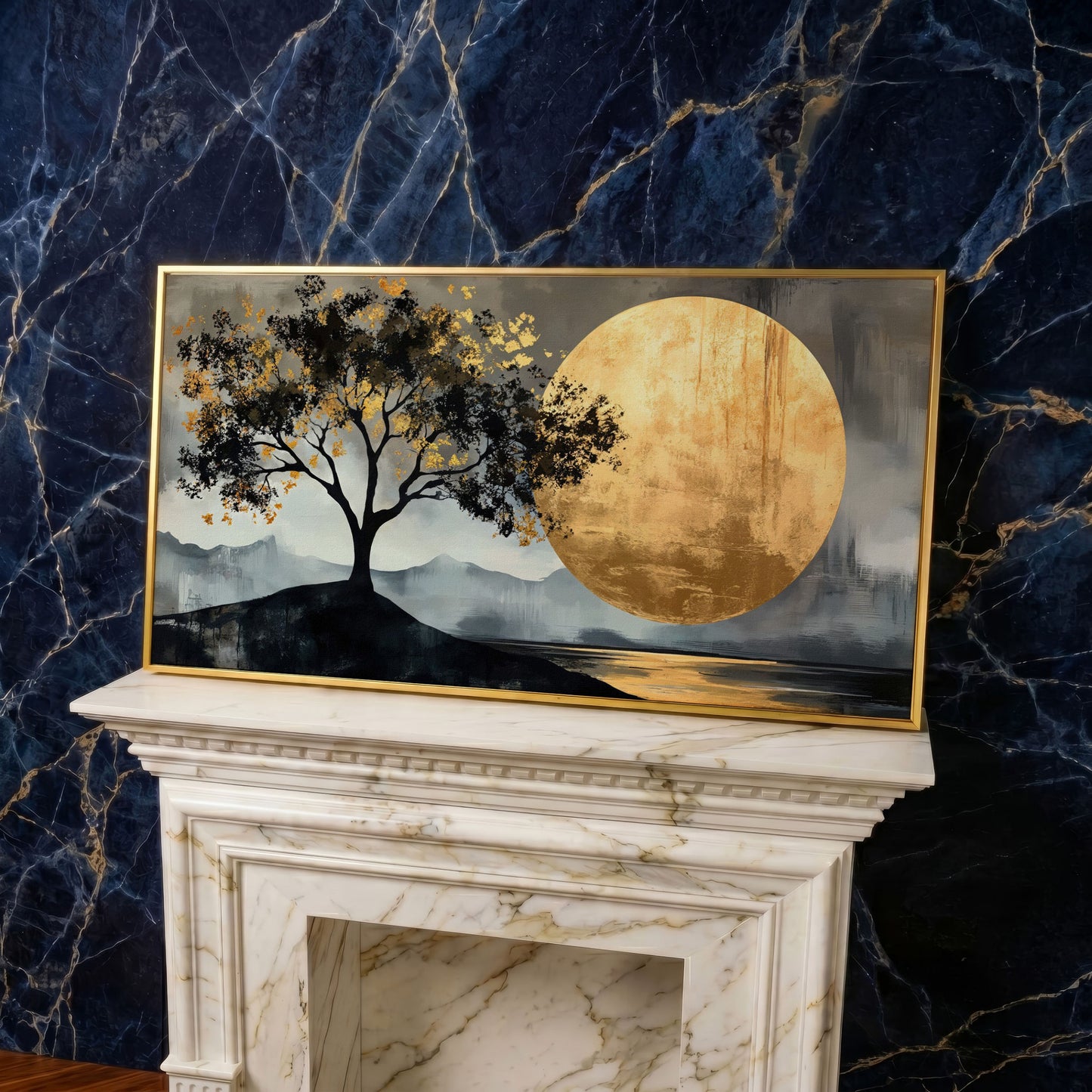 Golden Moon and Tree Panoramic Canvas in yellow gold floating frame