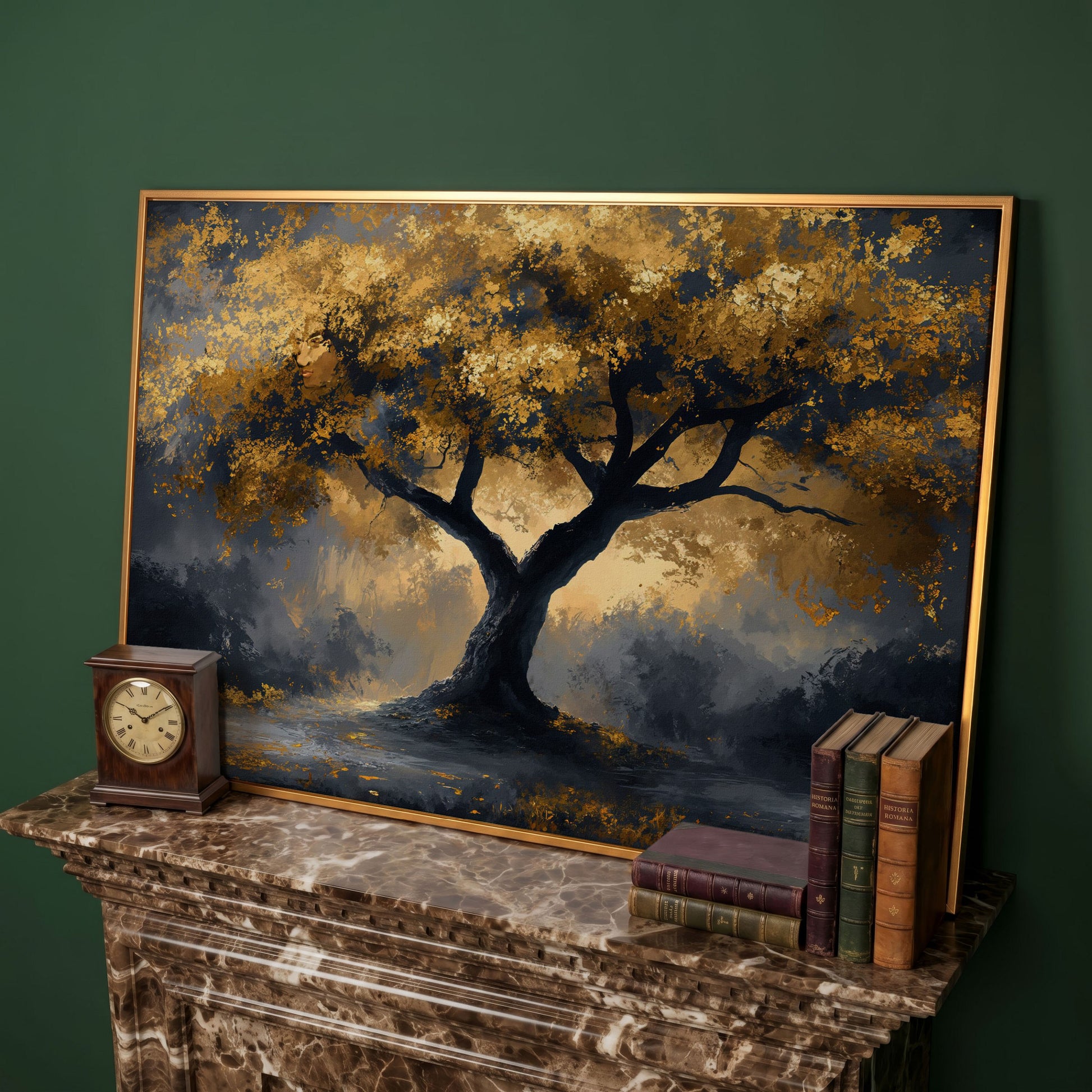 Mystical Tree with Golden Leaves Canvas Art in antique gold floating frame